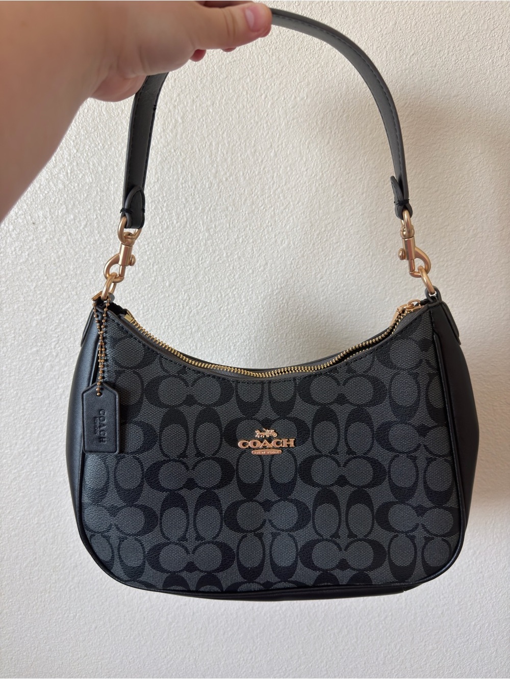 COACH Black Signature Canvas Shoulder Hobo with Gold Hardware